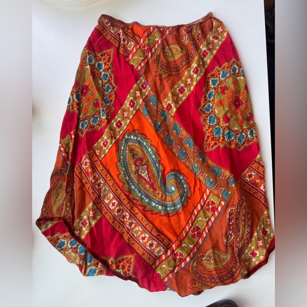 Vintage Paisley Midi Skirt in Red and Orange